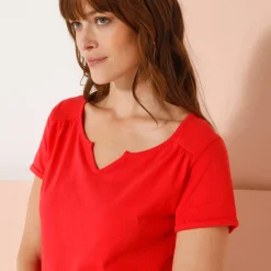 Effen T-shirt met Tunesische hals, katoen
