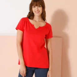 Effen T-shirt met Tunesische hals, katoen