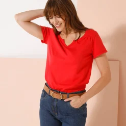 Effen T-shirt met Tunesische hals, katoen