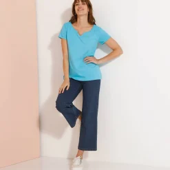 Effen T-shirt met Tunesische hals, katoen