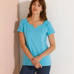 Effen T-shirt met Tunesische hals, katoen