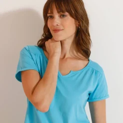 Effen T-shirt met Tunesische hals, katoen