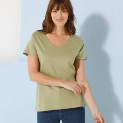 Effen T-shirt met V-hals en korte mouwen, katoen