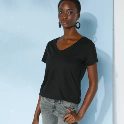 Effen T-shirt met V-hals en korte mouwen, katoen