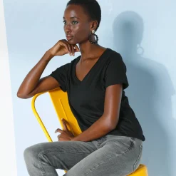 Effen T-shirt met V-hals en korte mouwen, katoen