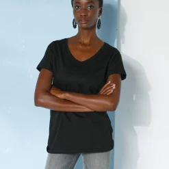 Effen T-shirt met V-hals en korte mouwen, katoen