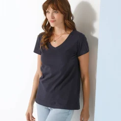 Effen T-shirt met V-hals en korte mouwen, katoen