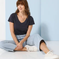 Effen T-shirt met V-hals en korte mouwen, katoen