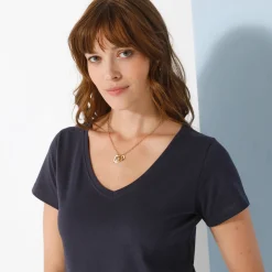 Effen T-shirt met V-hals en korte mouwen, katoen