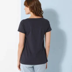 Effen T-shirt met V-hals en korte mouwen, katoen