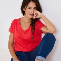 Effen T-shirt met V-hals en korte mouwen, katoen