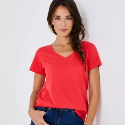 Effen T-shirt met V-hals en korte mouwen, katoen