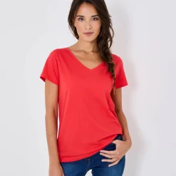Effen T-shirt met V-hals en korte mouwen, katoen