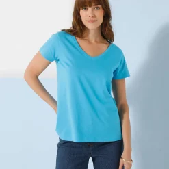 Effen T-shirt met V-hals en korte mouwen, katoen