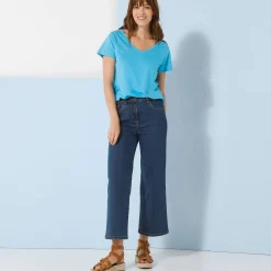 Effen T-shirt met V-hals en korte mouwen, katoen