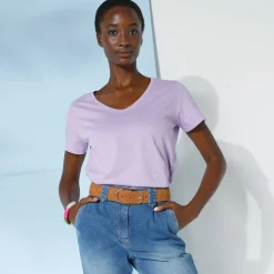 Effen T-shirt met V-hals en korte mouwen, katoen