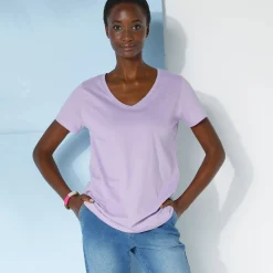 Effen T-shirt met V-hals en korte mouwen, katoen