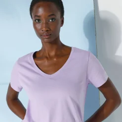 Effen T-shirt met V-hals en korte mouwen, katoen