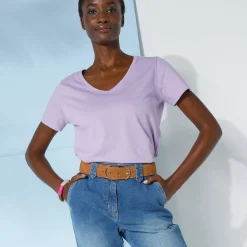 Effen T-shirt met V-hals en korte mouwen, katoen