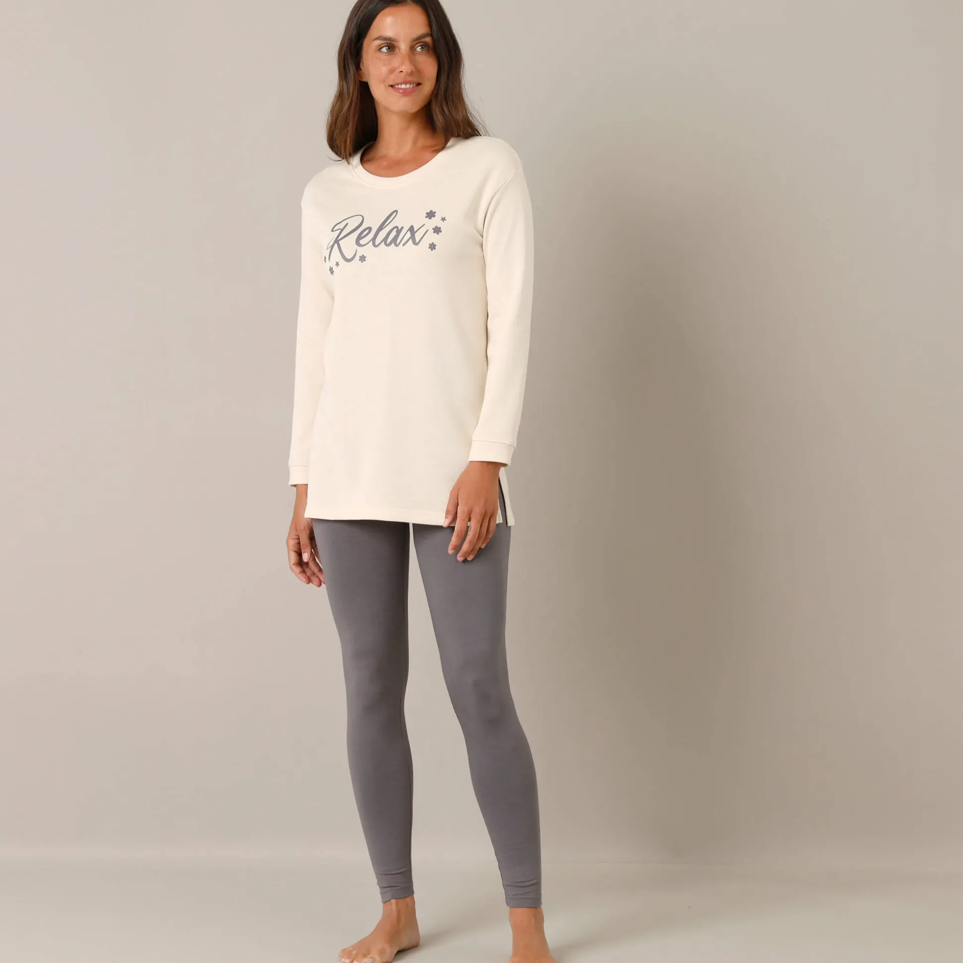 Fleece pyjamabroek met legging, ‘relax’-print