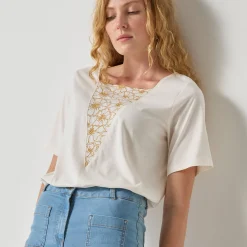 Geborduurd boxy T-shirt, korte wijde mouwen