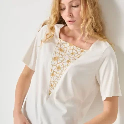 Geborduurd boxy T-shirt, korte wijde mouwen