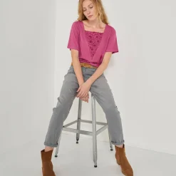 Geborduurd boxy T-shirt, korte wijde mouwen