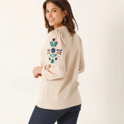 Geborduurd T-shirt met V-hals, 3/4-mouwen