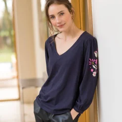Geborduurd T-shirt met V-hals, 3/4-mouwen