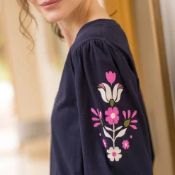 Geborduurd T-shirt met V-hals, 3/4-mouwen