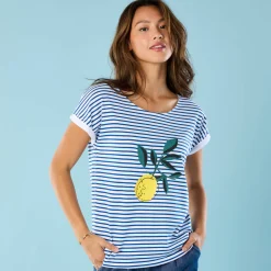 Gestreept T-shirt met korte mouwen en geplaatste print, Kleine Lengtes