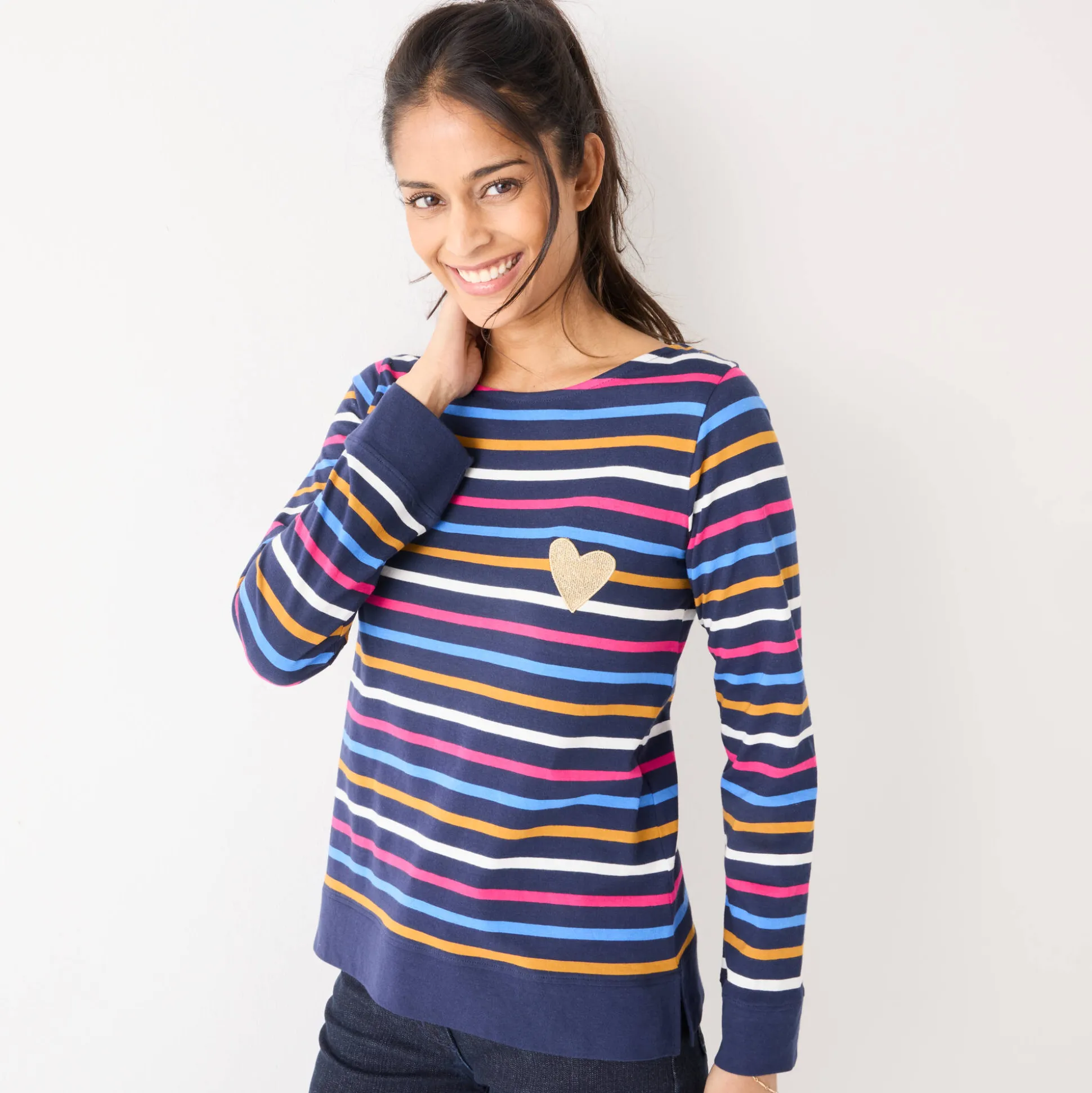 Gestreept T-shirt met lange mouwen, goudkleurig hartje