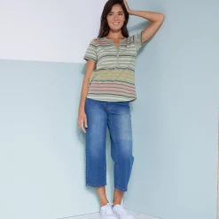 Gestreept T-shirt met Tunesische hals en korte mouwen