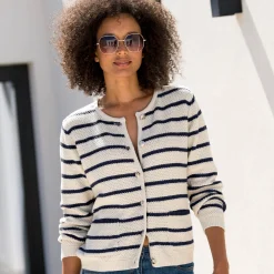 Gestreepte cardigan met officiersknopen, fantasietricot