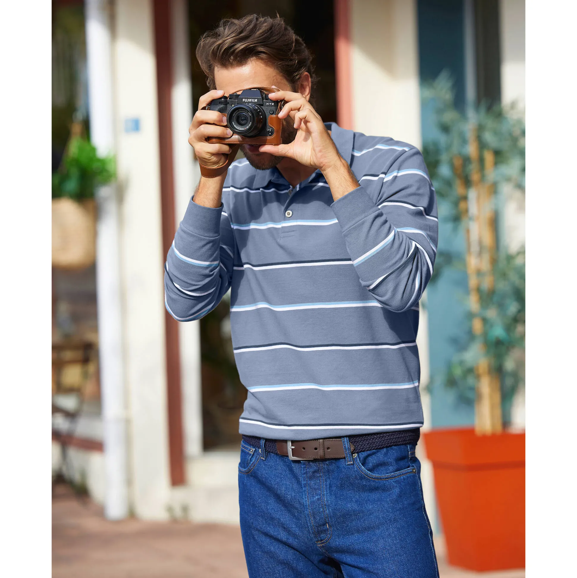 Gestreepte polo in chiné piquétricot met lange mouwen