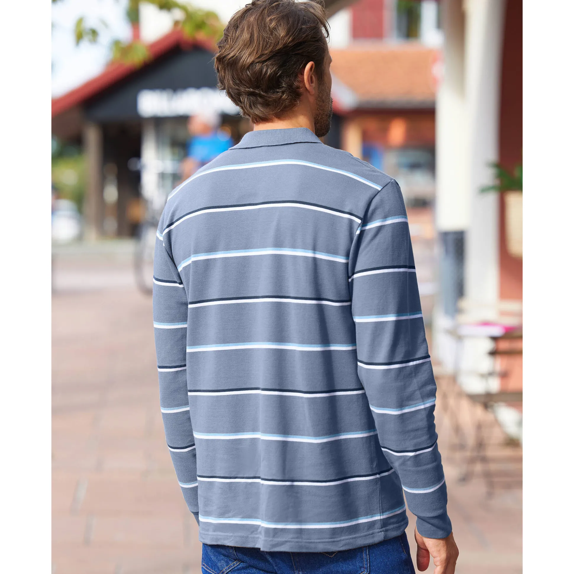 Gestreepte polo in chiné piquétricot met lange mouwen