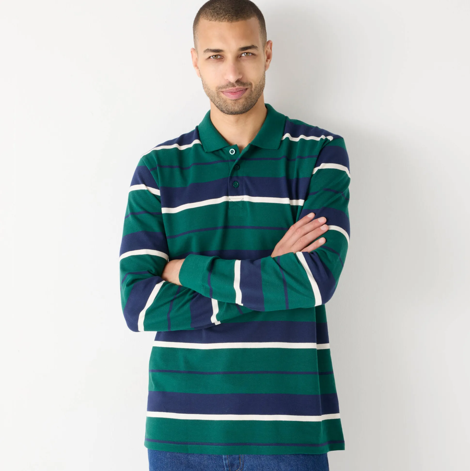 Gestreepte polo in piquétricot, lange mouwen