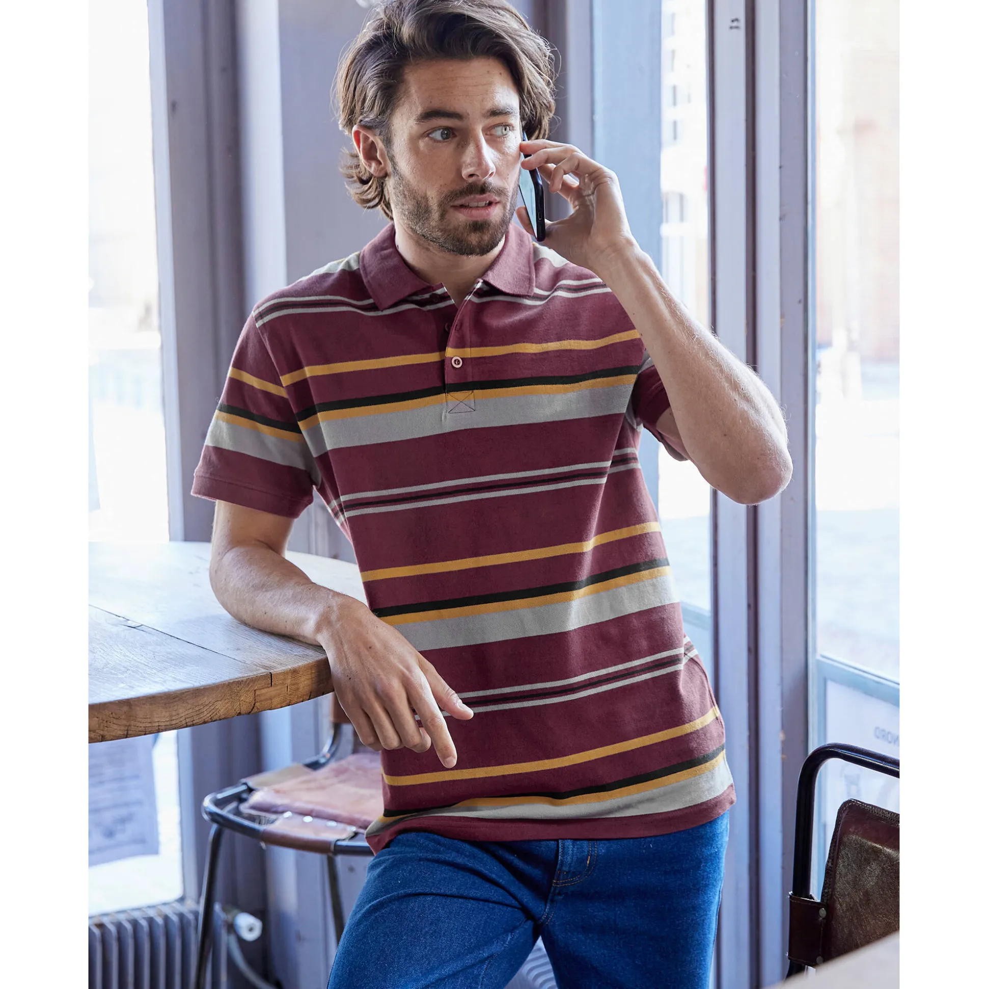 Gestreepte poloin piquétricot, korte mouwen