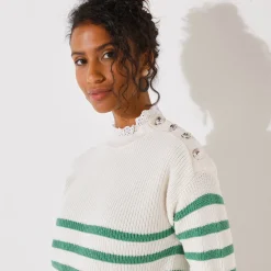 Gestreepte trui, hals in broderie anglaise