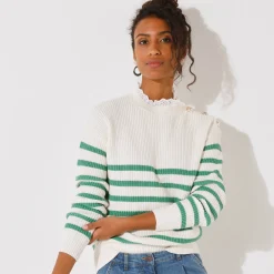 Gestreepte trui, hals in broderie anglaise