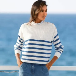 Gestreepte trui, hals in broderie anglaise