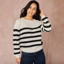Gestreepte trui met goudkleurige knopen, patenttricot