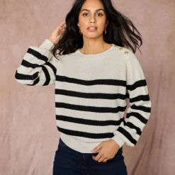 Gestreepte trui met goudkleurige knopen, patenttricot