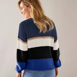 Gestreepte trui met ronde hals, mohairtouch