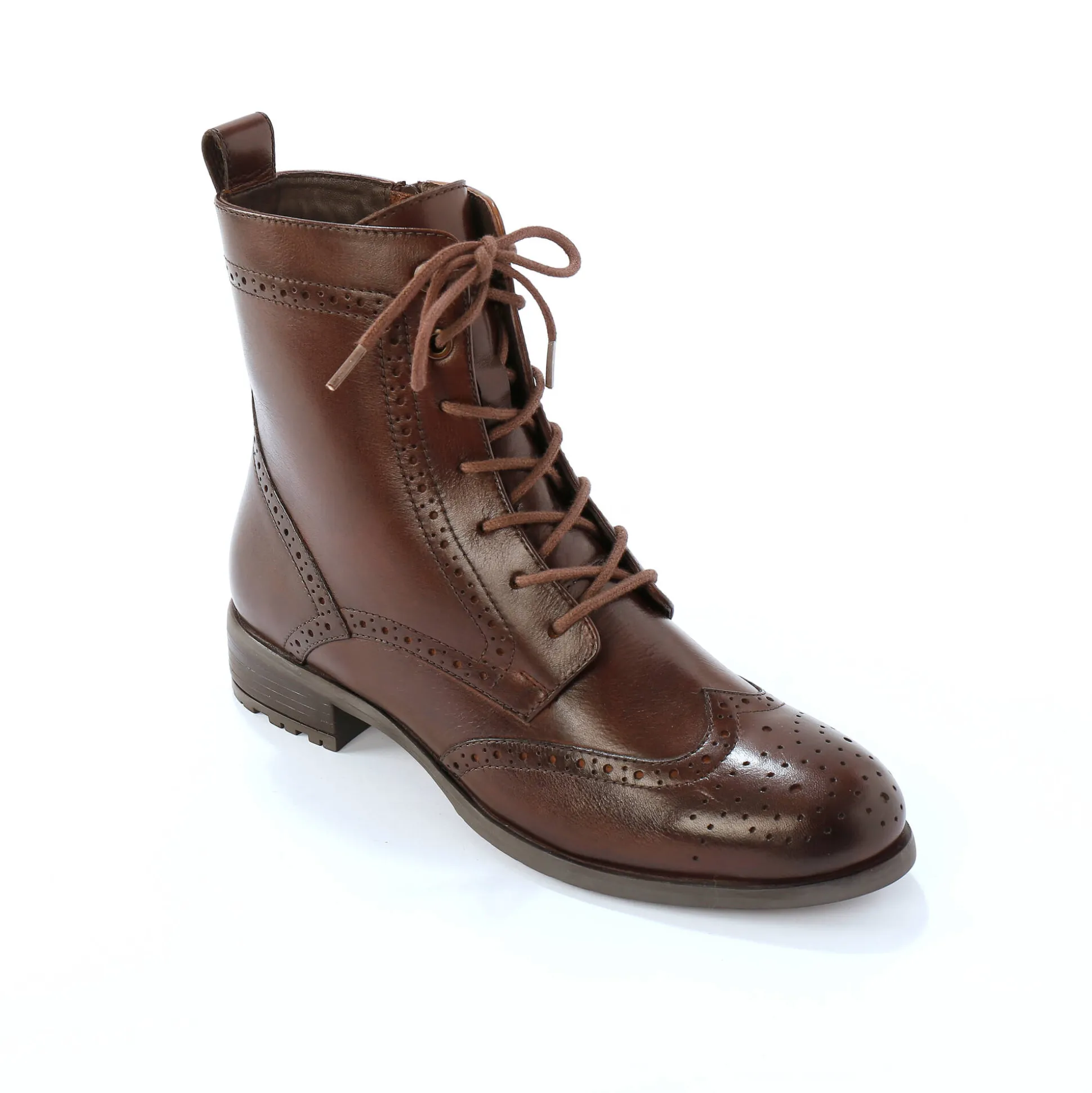 Gevoerde bottines met hoge schacht en vetersluiting, leer met gaatjesmotief