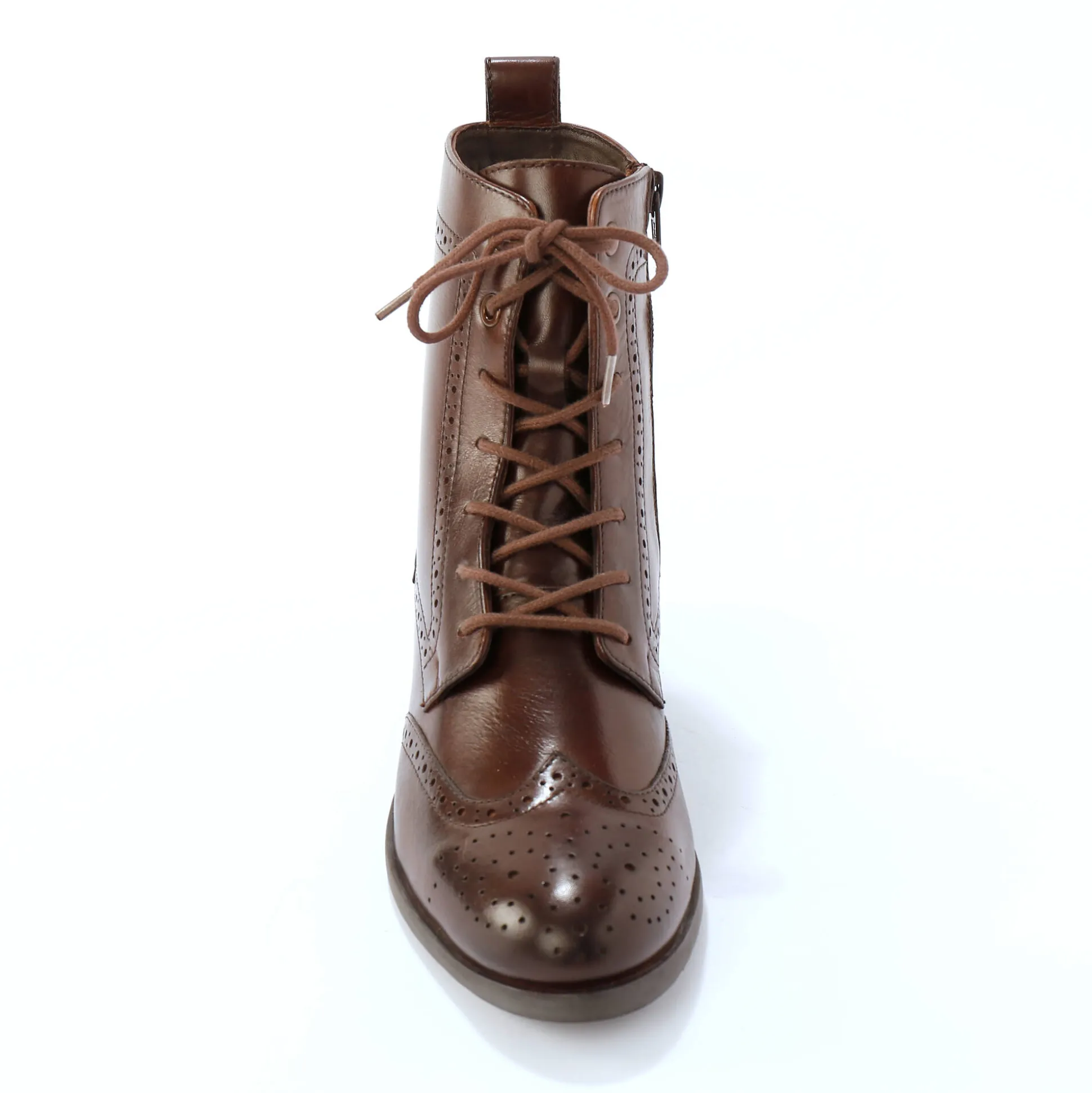 Gevoerde bottines met hoge schacht en vetersluiting, leer met gaatjesmotief