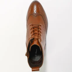 Gevoerde bottines met hoge schacht en vetersluiting, leer met gaatjesmotief