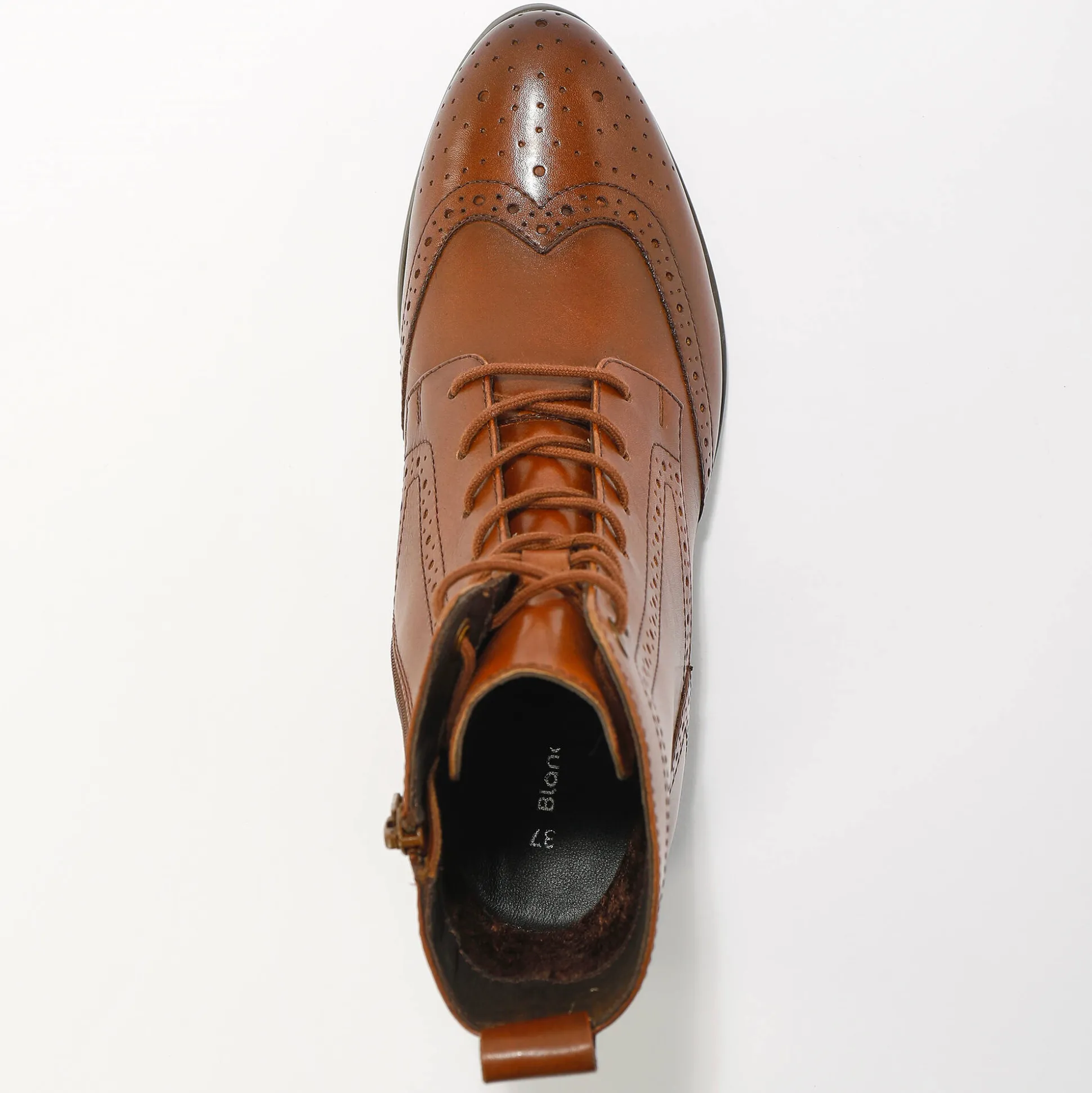 Gevoerde bottines met hoge schacht en vetersluiting, leer met gaatjesmotief