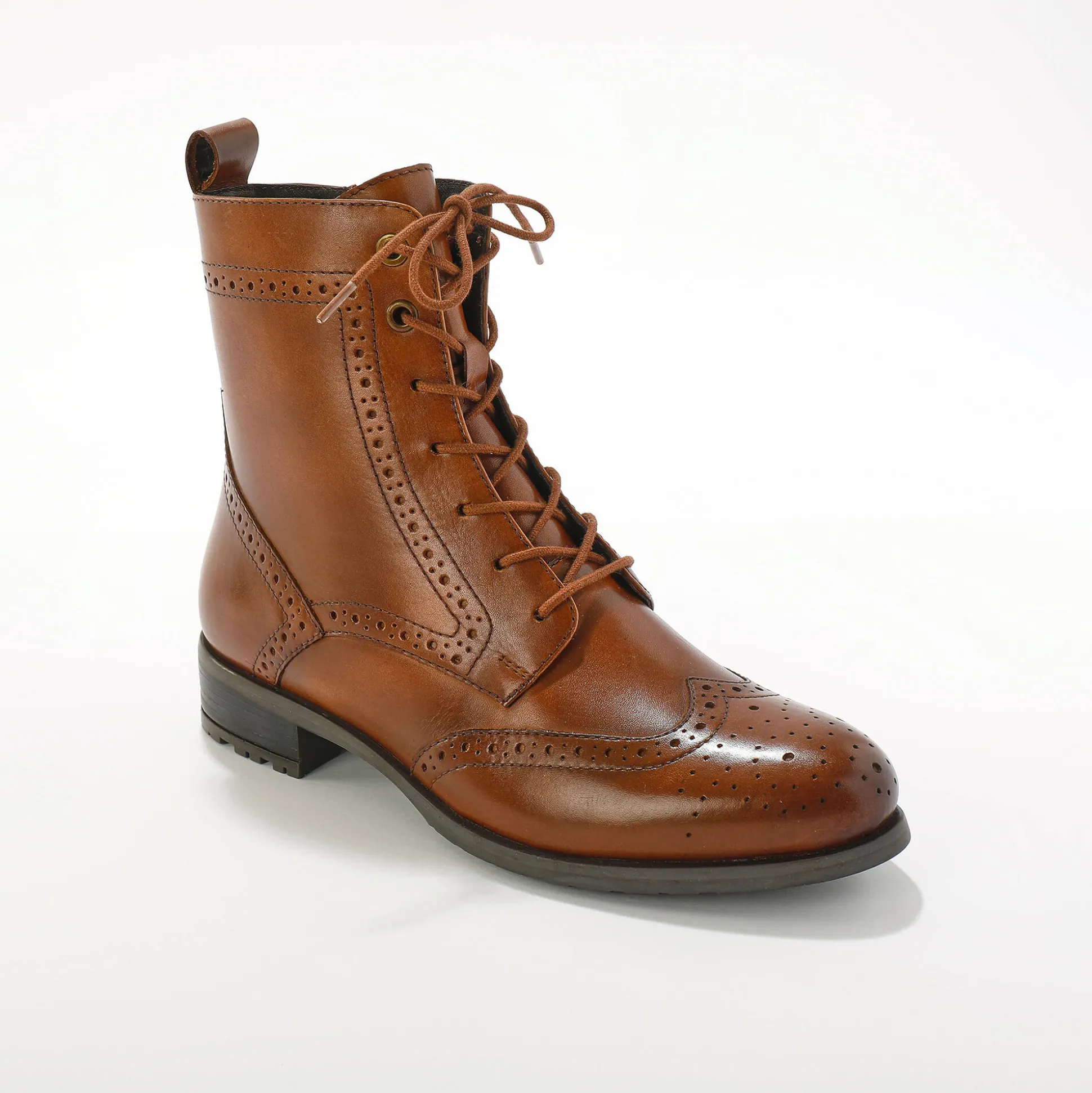 Gevoerde bottines met hoge schacht en vetersluiting, leer met gaatjesmotief