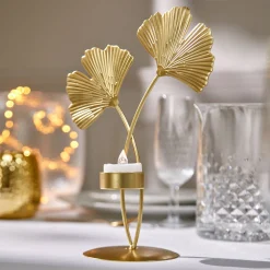 Gingkoblad theelichthouder, goudkleurig metaal